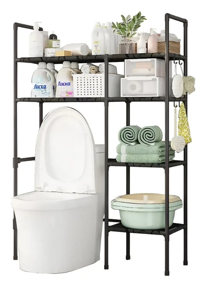 هابي هوم منظم ورف حمام متعدد الاستخدامات 2 طبقة و2 صفوف رفوف جانبية وخطافات لتعليق المناشف وأدوات التنظيف – مصنوع من فولاذ وPP مقاوم للرطوبة والصدأ – تصميم خفيف وعصري لتخزين المناشف وأدوات العناية الشخصية 81×25×138 سم - Image 1